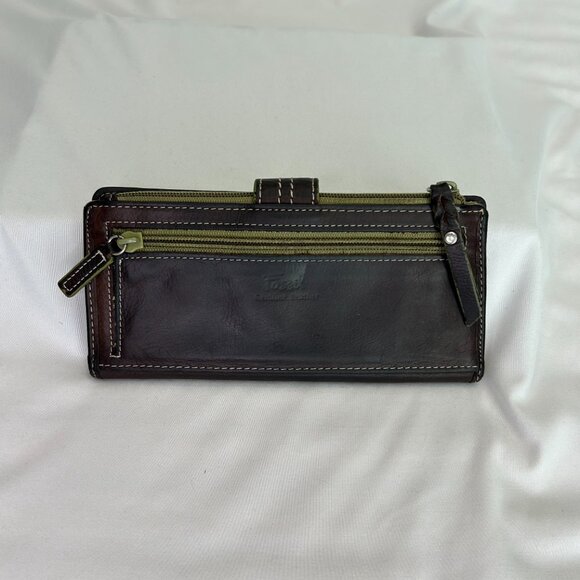 Share Vintage FOSSIL Brown Soft Leather Bifold Wallet Green Lining Snap & Zip CL - Picture 13 of 13